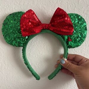 Disney Green Sequin Ears with Red Bow
